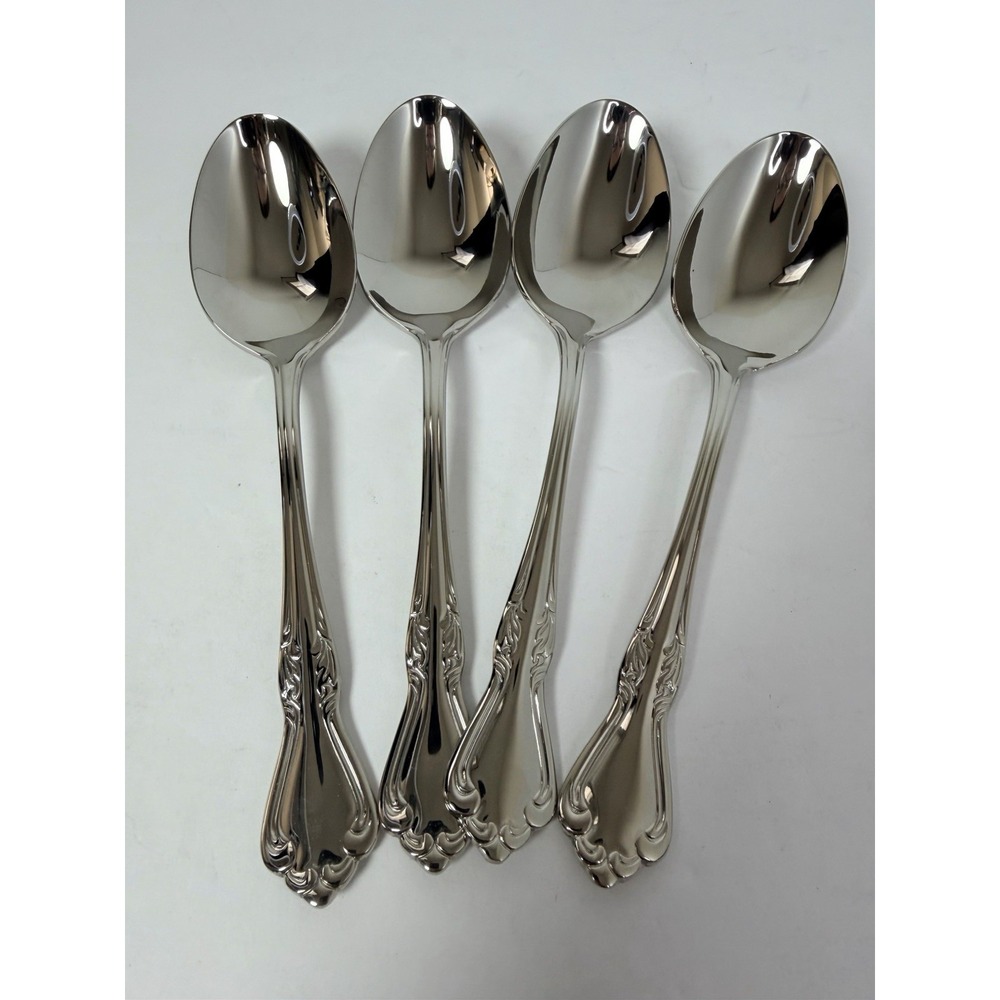 Reed & Barton FAIRISLE 4 Soup Spoons Tablespoon Stainless Scrolls 18/10 Flatware